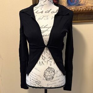 Papermoon Cropped Ribbed long sleeve twist knot closed collared stretchy Sweater